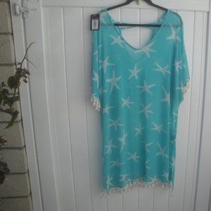 Lildy Turquoise with white shells Beach Coverup Silky with White Fringe L-XL